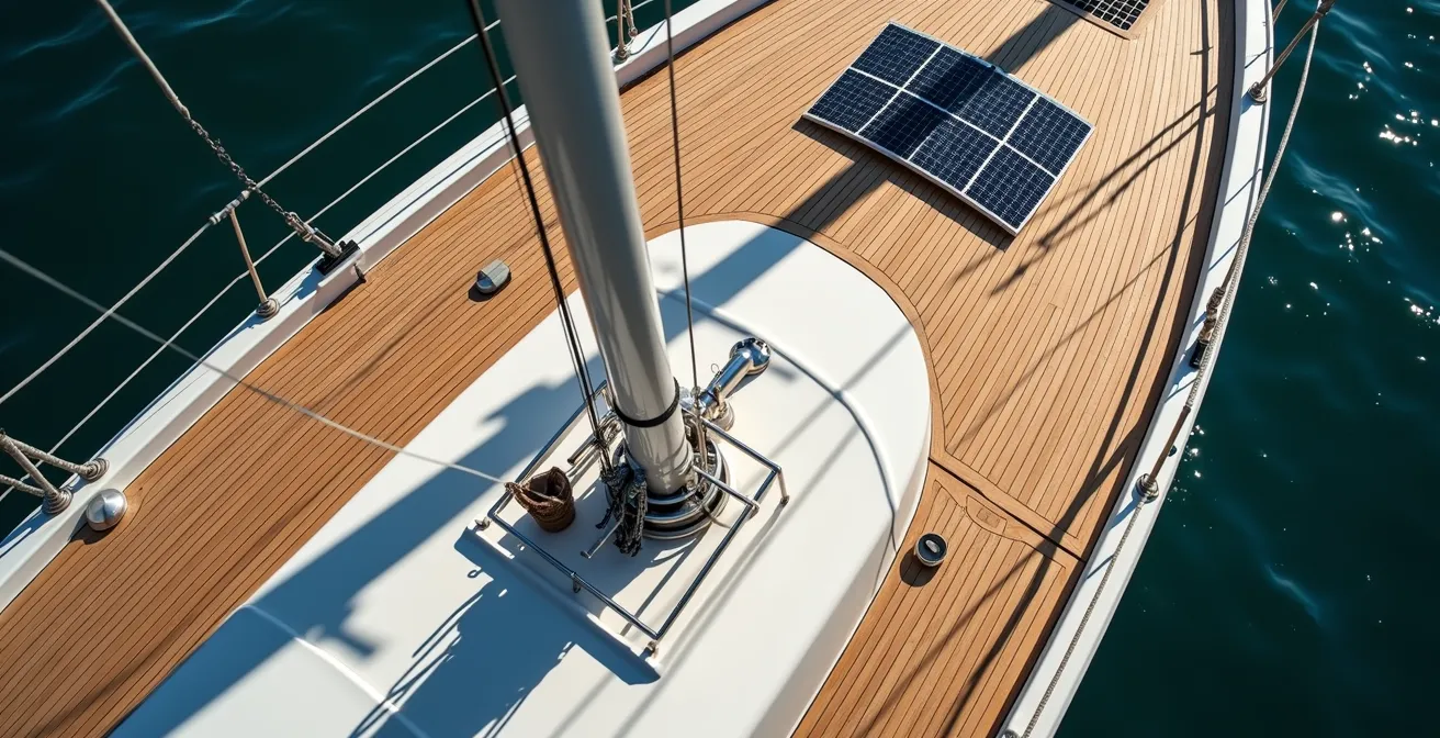 Vue aérienne du pont d'un voilier montrant les zones d'ombre du gréement et les emplacements optimaux pour les panneaux solaires