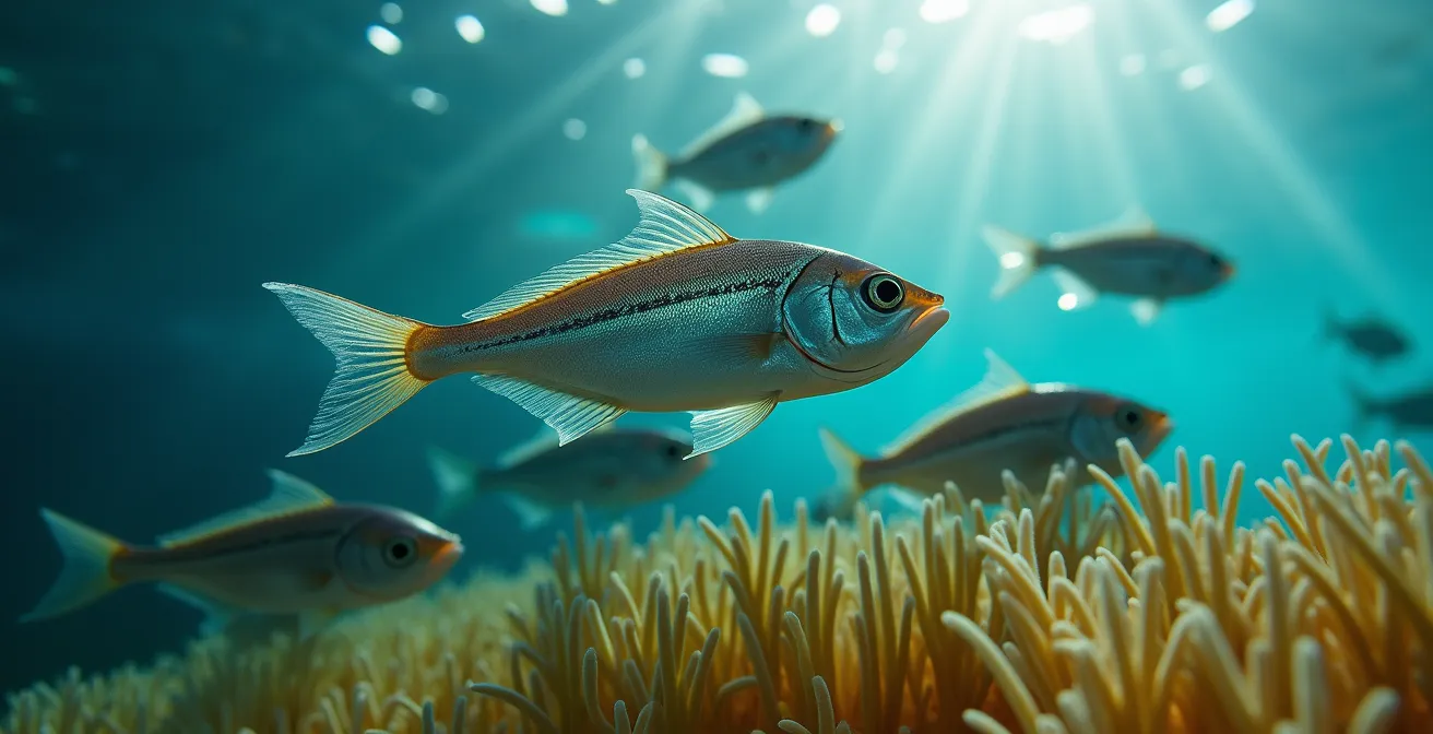 Banc de sars nageant au-dessus d'un herbier de posidonie en Méditerranée
