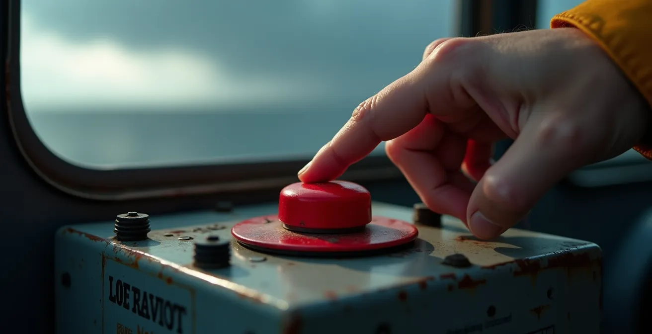 Détail du bouton de détresse rouge sur VHF marine avec cache de protection