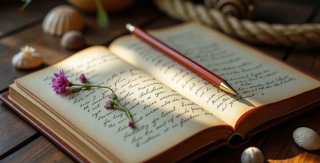 Cahier de navigation ouvert sur une table avec coquillages, carte postale et crayon, éclairé par une lumière douce