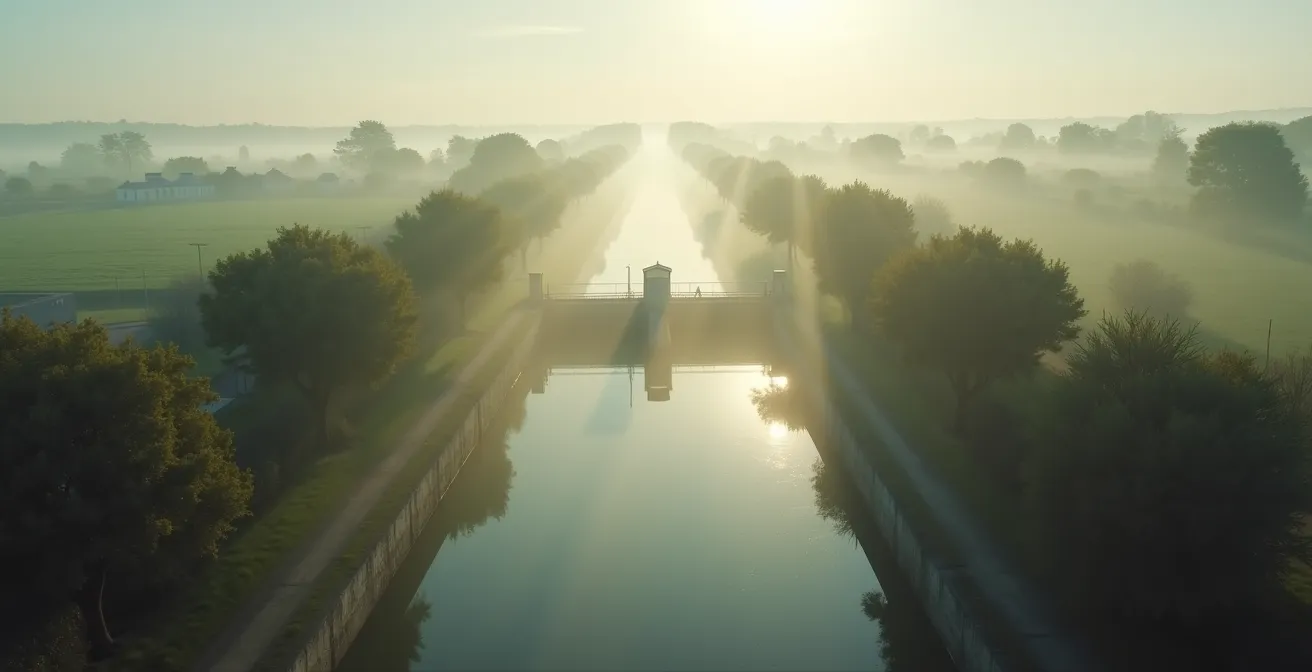 Vue aérienne du Canal du Midi avec ses écluses caractéristiques et sa voûte de platanes centenaires