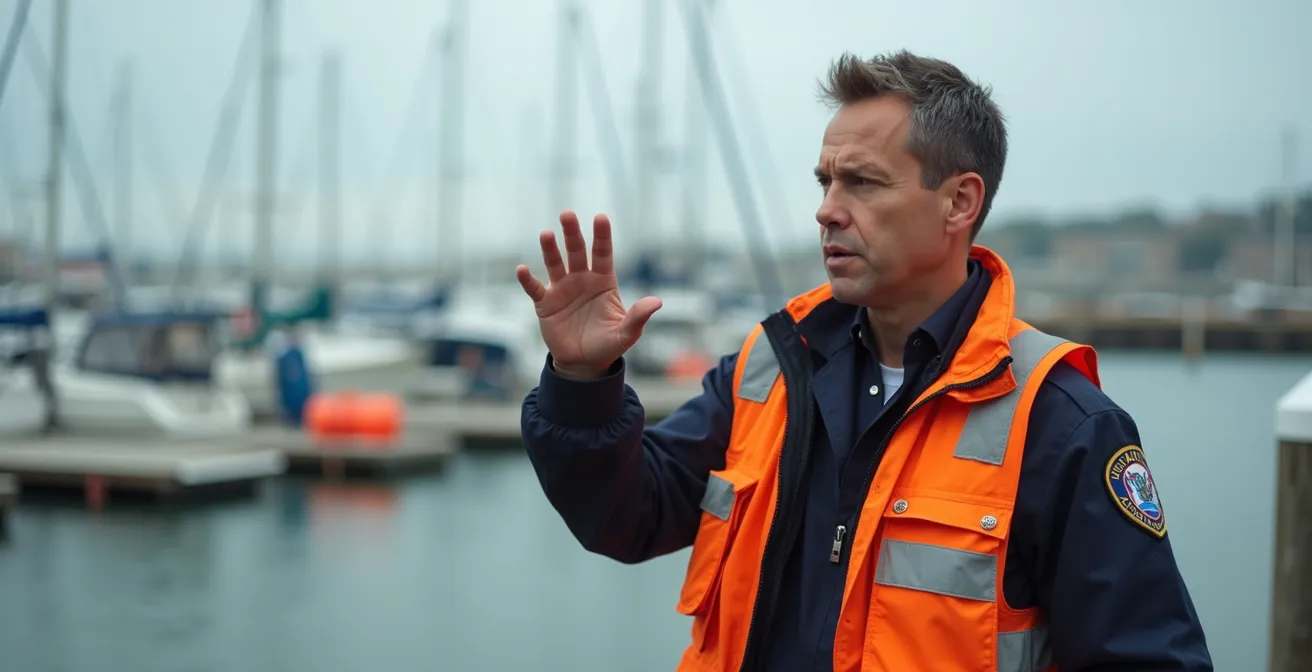 Agent de capitainerie en gilet de sécurité orange coordonnant une intervention sur un ponton