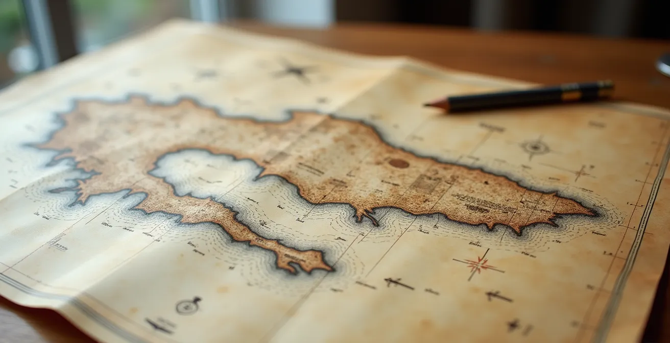 Carte marine détaillée avec annotations manuscrites montrant les refuges traditionnels croates