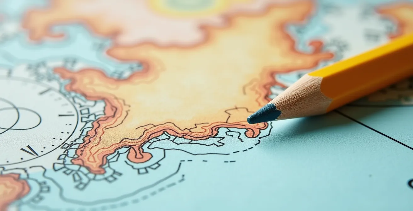 Carte marine avec zones colorées selon les profondeurs et marges de sécurité pour la navigation