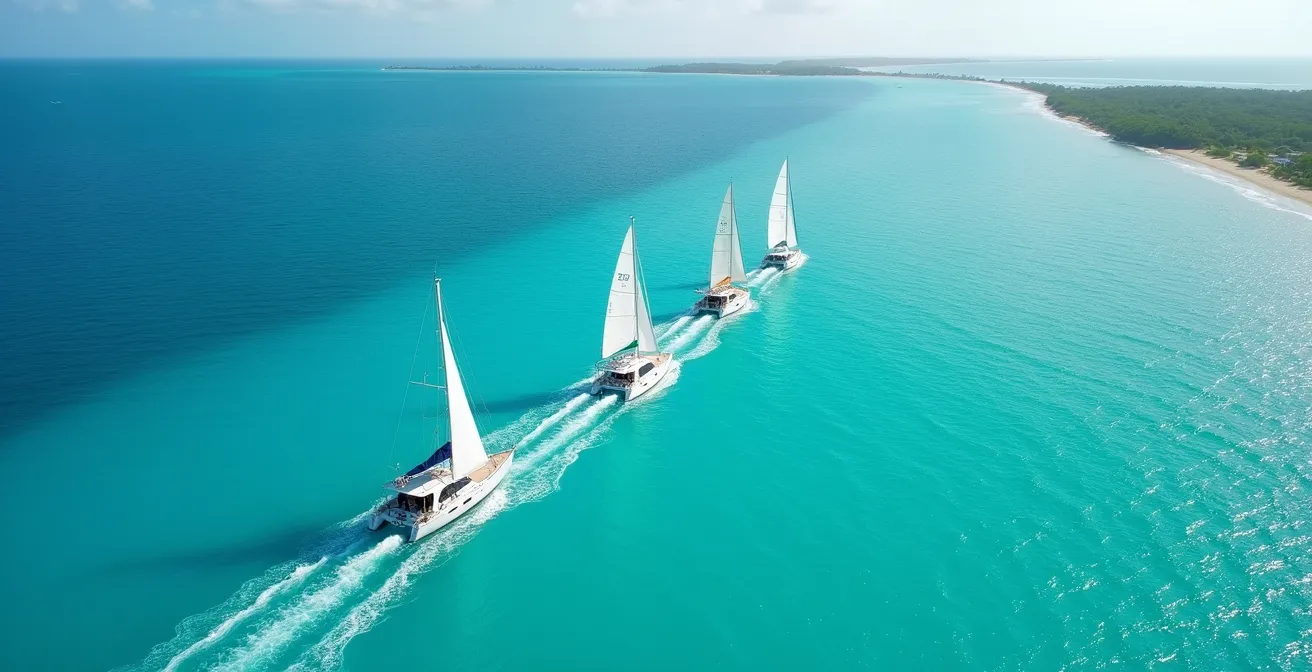 Vue aérienne de voiliers naviguant entre les îles des Petites Antilles