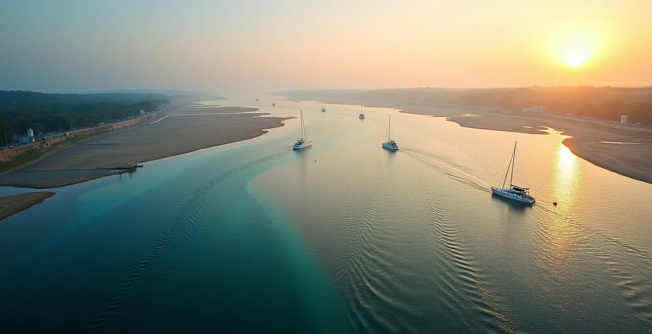 Vue aérienne d'une zone de transition entre mer et fleuve en France