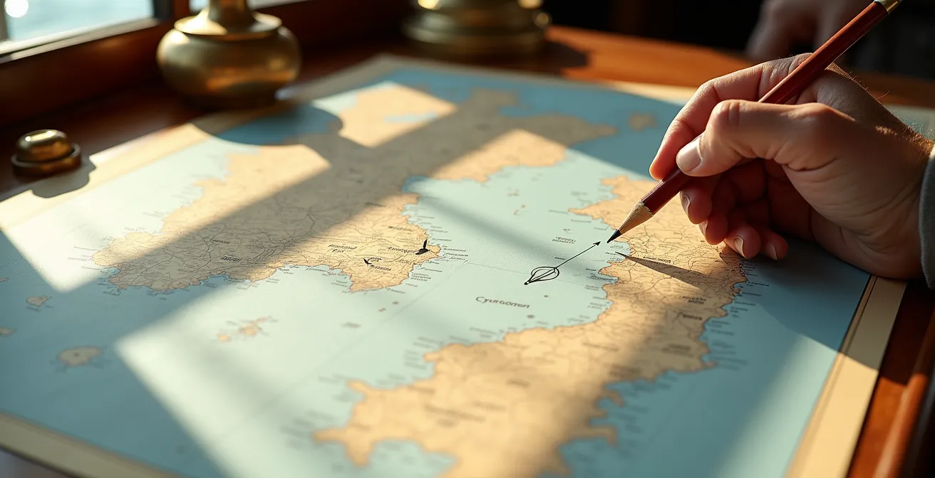 Carte météorologique des Cyclades montrant les zones d'accélération du Meltem et les abris recommandés