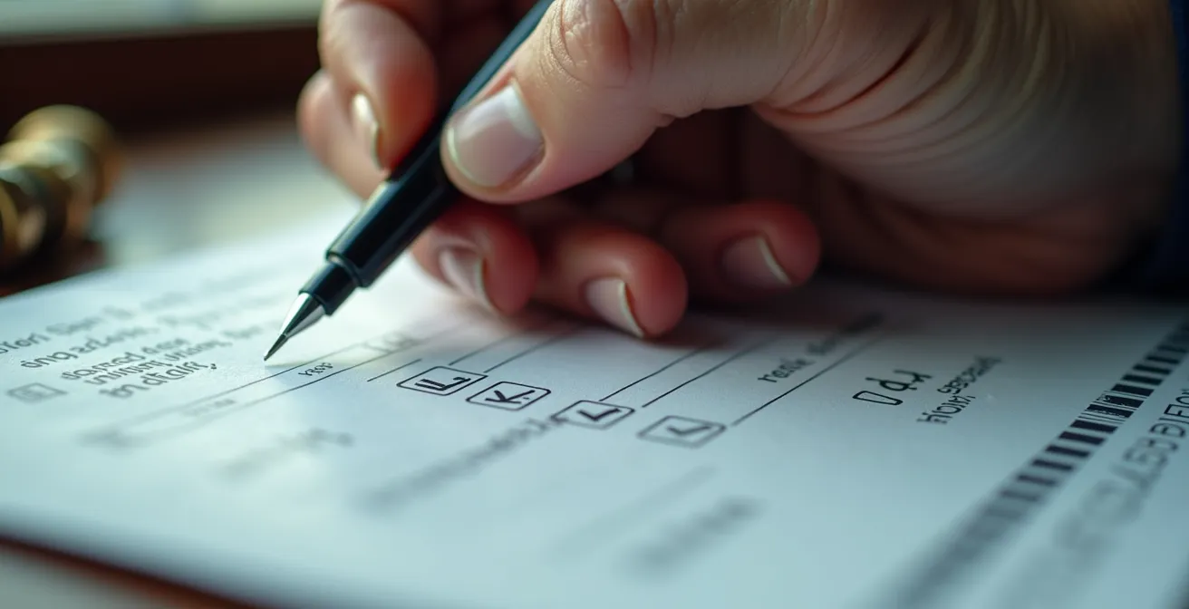 Vue macro d'une main tenant un stylo au-dessus d'une checklist maritime plastifiée, avec des éléments nautiques flous en arrière-plan