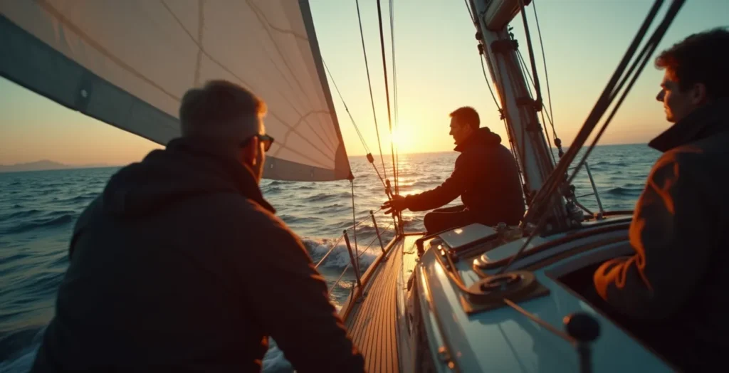 Equipage de voilier en communication efficace pendant une manœuvre de virement en régate Equipage de voilier en communication efficace pendant une manœuvre de virement en régate