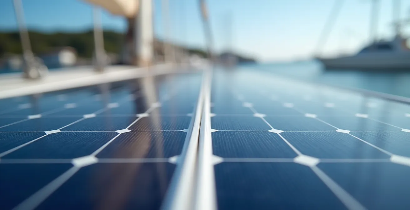Gros plan comparatif de deux panneaux solaires installés sur un voilier, l'un rigide sur portique et l'autre souple sur bimini