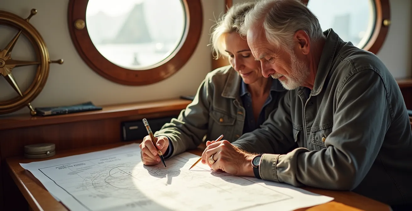 Couple assis à une table à cartes nautiques remplissant ensemble un questionnaire sur leurs projets de navigation