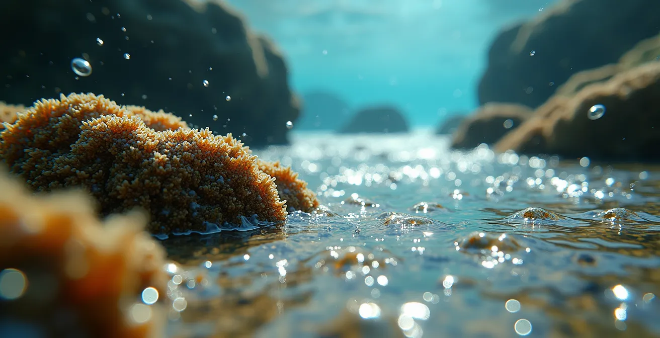 Vue sous-marine montrant le mouvement du plancton dans les courants marins autour d'une pointe rocheuse bretonne