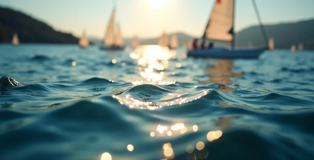 Lecture visuelle des risées et molles sur une surface d'eau au vent, avec des voiliers en navigation Lecture visuelle des risées et molles sur une surface d'eau au vent, avec des voiliers en navigation