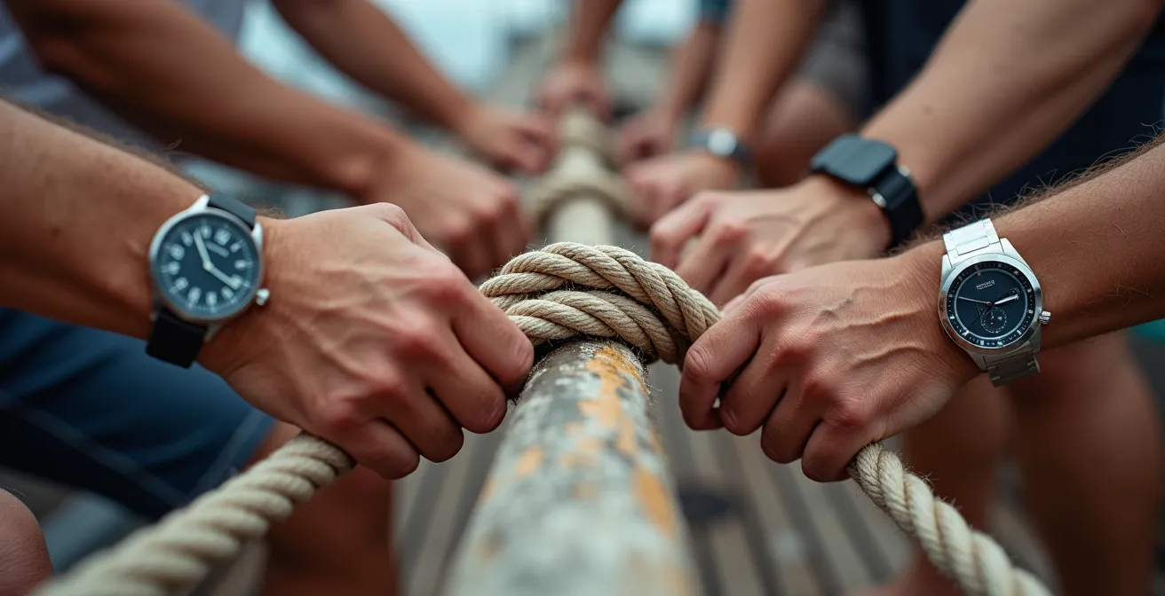 Gros plan sur des mains d'équipiers tenant ensemble un cordage marin