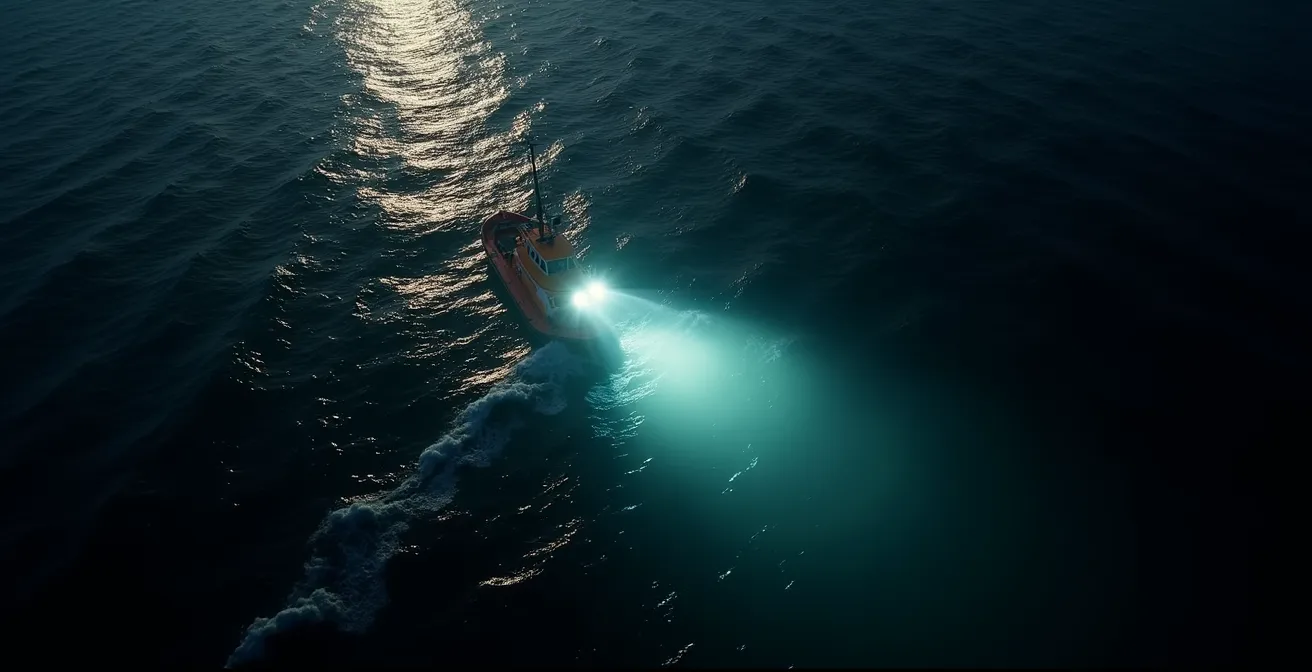 Vue aérienne nocturne de la surface de la mer avec des vagues sous la lumière de la lune