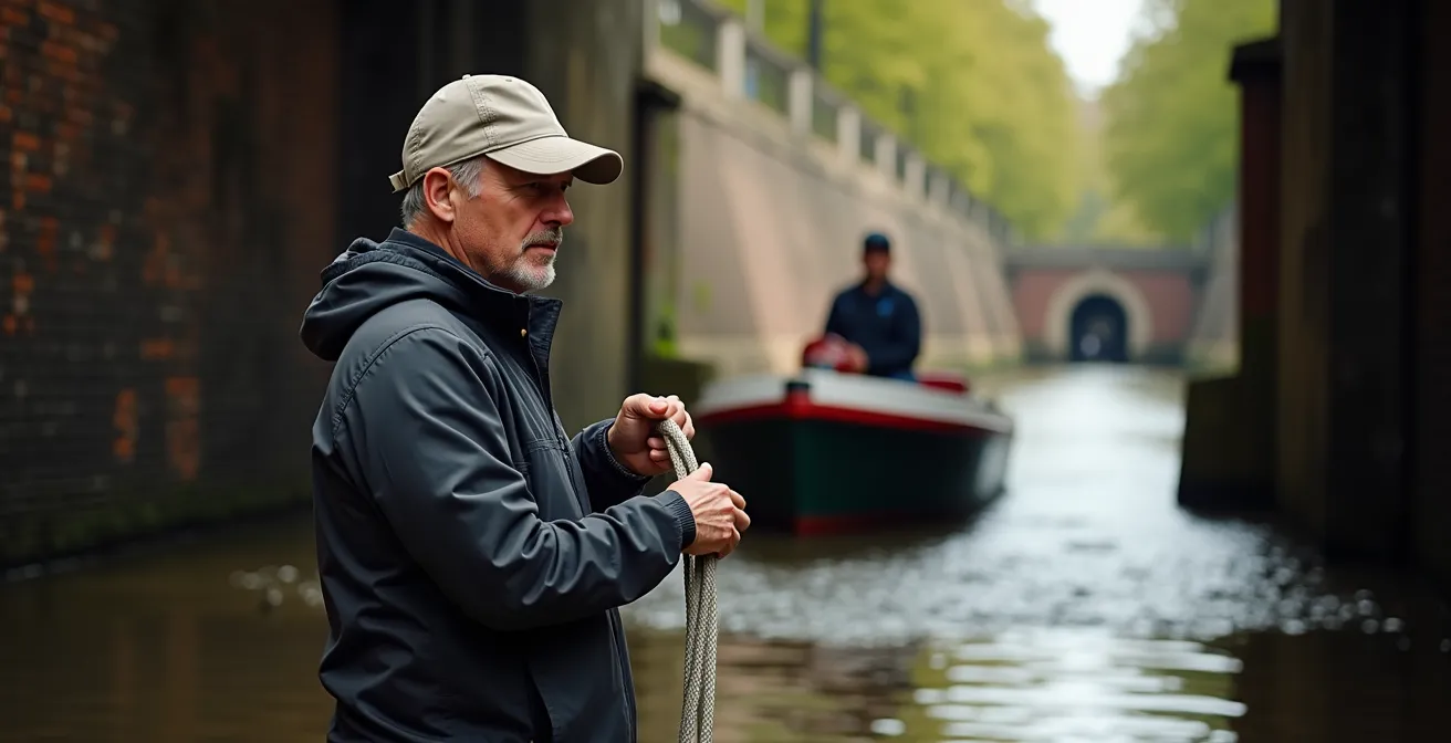 Bateau de plaisance entrant dans une écluse avec amarres en main, éclusier présent sur le quai