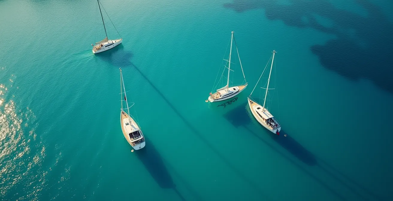Vue aérienne minimaliste de voiliers dans une baie méditerranéenne au lever du soleil