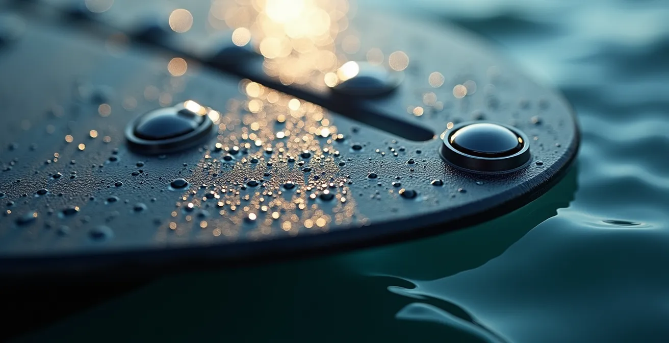 Vue macro de capteurs électroniques sophistiqués intégrés dans une coque de bateau moderne