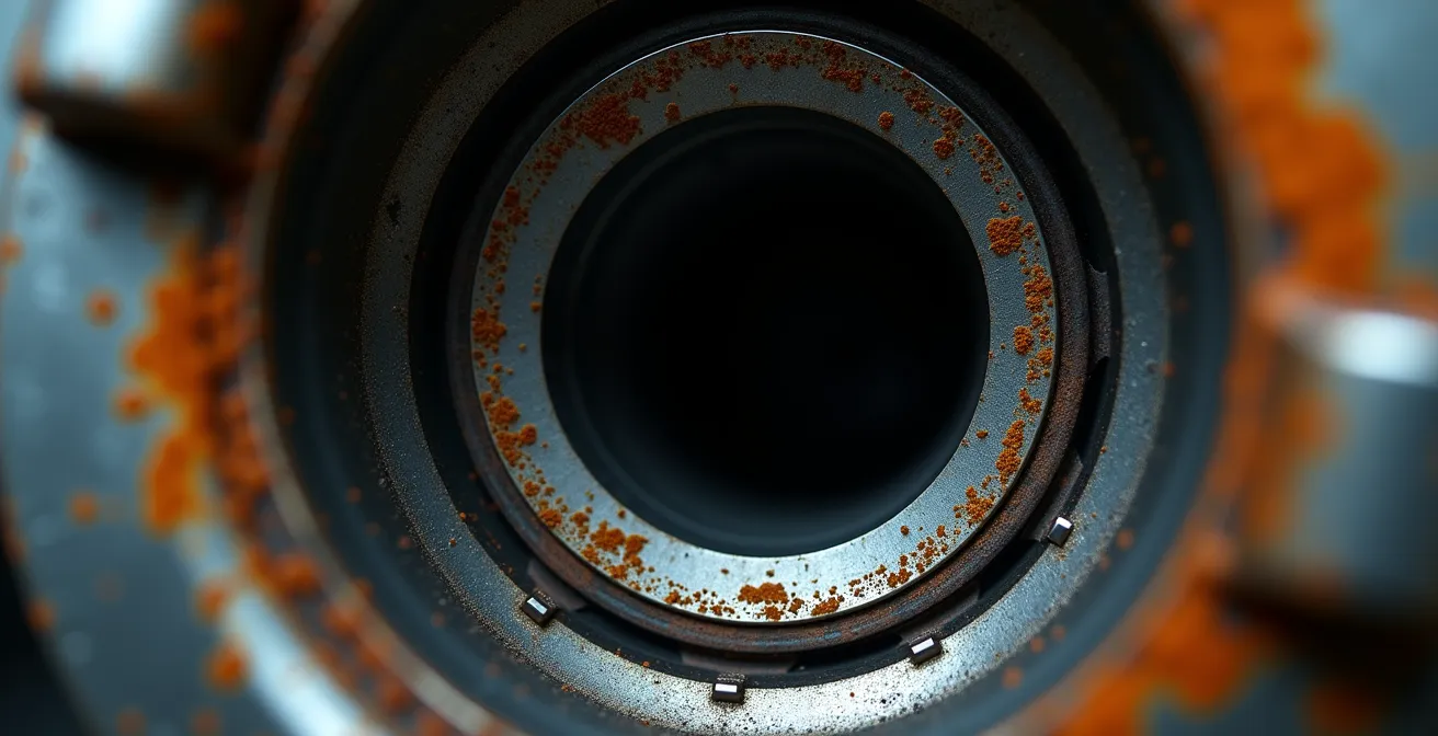 Vue macro de l'intérieur d'un cylindre de moteur marin montrant des traces de corrosion