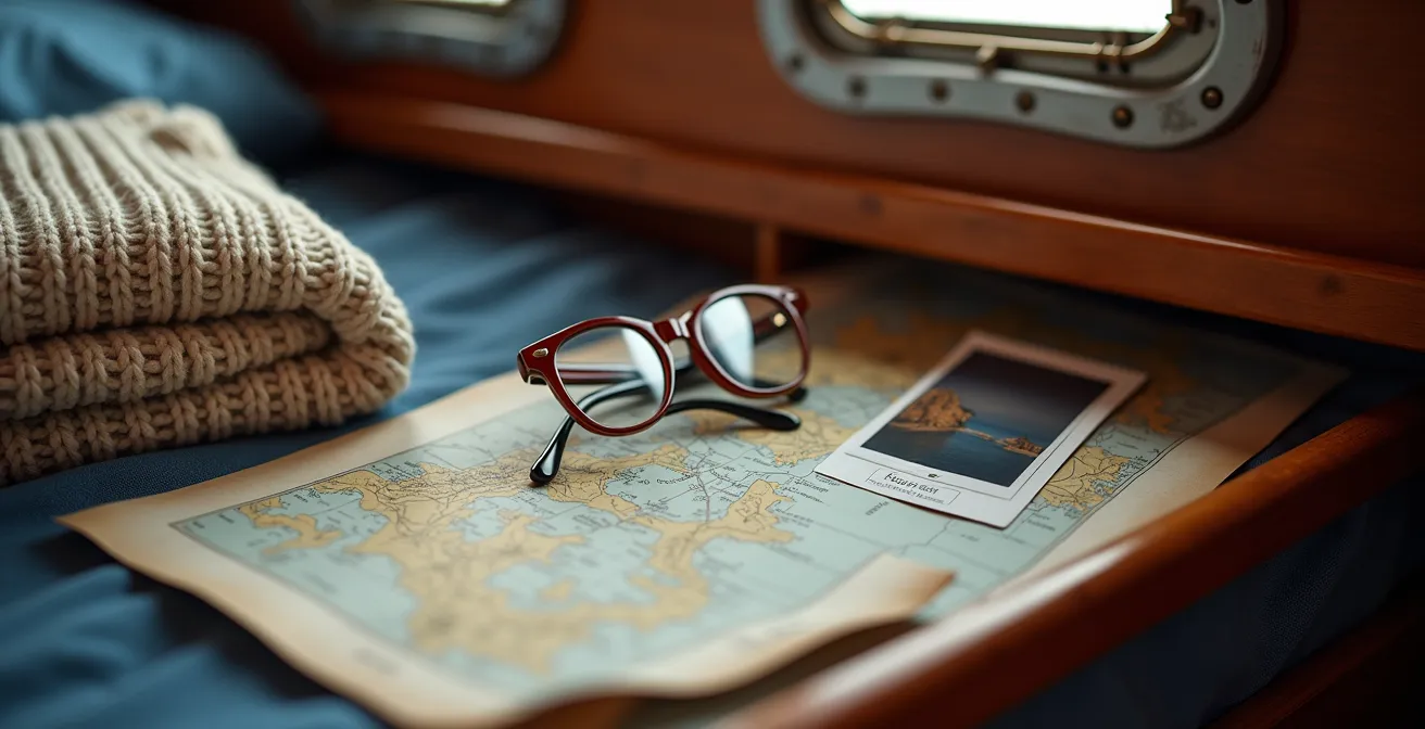 Intérieur d'un voilier montrant l'organisation des espaces de vie personnels et communs