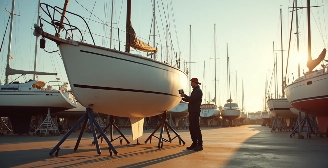 Vue d'ensemble d'un bateau au sec dans un chantier naval avec zones de mesure