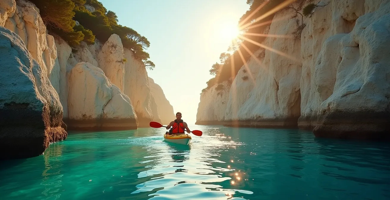Kayakiste solitaire naviguant dans une calanque méditerranéenne au lever du soleil