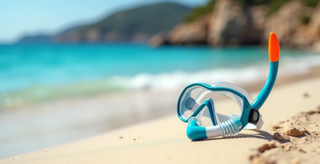 Équipement de snorkeling disposé sur du sable avec vue sur la mer en arrière-plan