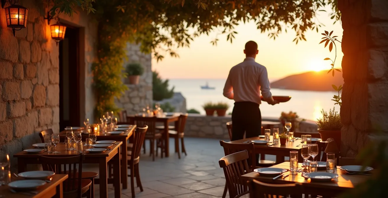 Terrasse traditionnelle en pierre d'une konoba croate avec tables en bois et vue sur une baie au coucher de soleil