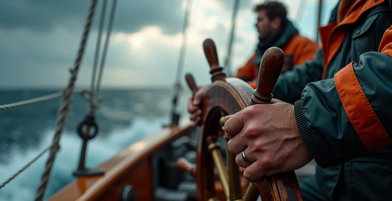 Skipper dirigeant son équipage dans des conditions météo difficiles, incarnation du leadership adaptatif