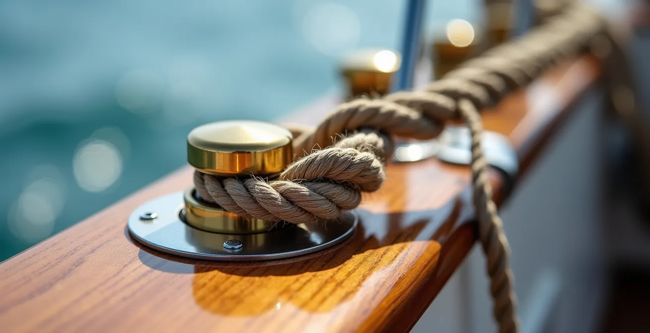 Vue macro détaillée de cordages nautiques et équipements de navigation soigneusement organisés sur le pont d'un yacht