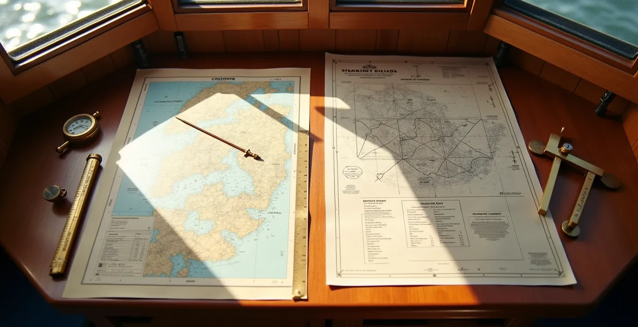 Table de navigation avec cartes marines, compas et tableau d'évaluation d'itinéraire dessiné à la main