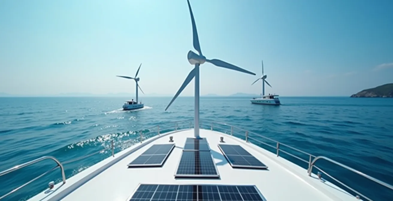 Gros plan sur l'arrière d'un catamaran équipé de panneaux solaires, éolienne marine et hydrogénérateur