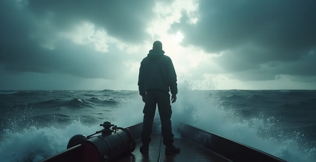 Portrait serré d'un marin expérimenté face aux éléments, regard déterminé et posture calme malgré les embruns