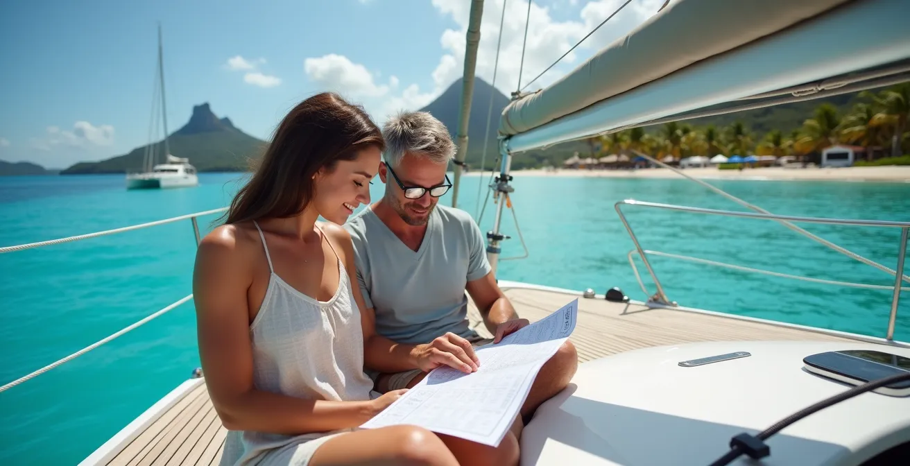 Voiliers au mouillage dans une baie turquoise des Antilles avec cocotiers