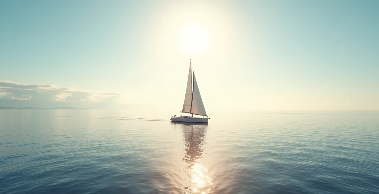 Vue large d'un voilier préparé pour une traversée hauturière en Méditerranée avec l'horizon lointain
