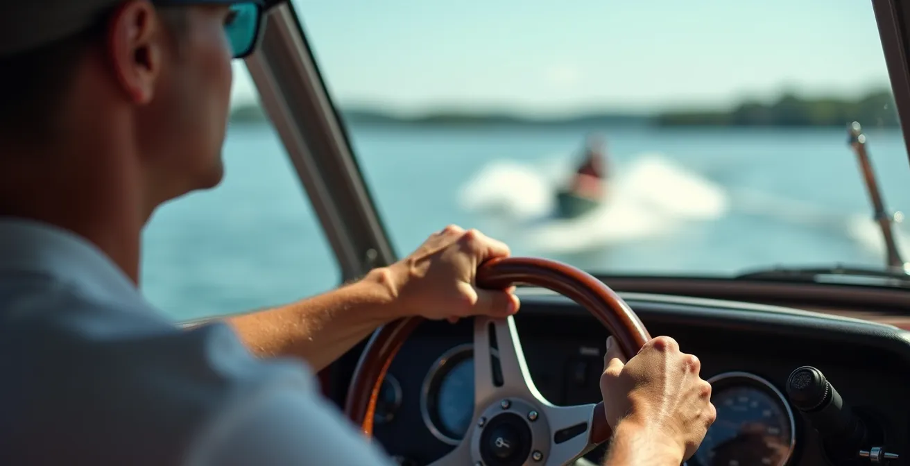 Vue depuis le poste de pilotage d'un bateau de ski nautique sur un lac français