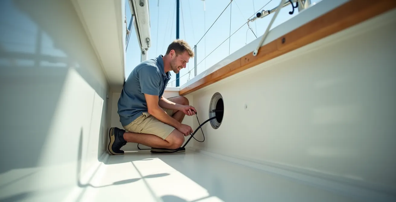 Vue large d'un plaisancier inspectant le fond de cale de son voilier avec un endoscope