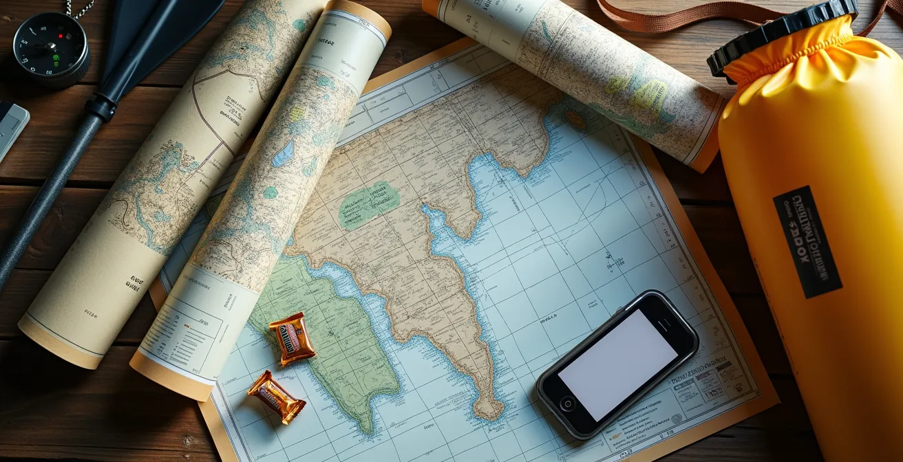 Vue de dessus d'une table avec cartes marines, GPS et équipement de paddle pour planifier une sortie