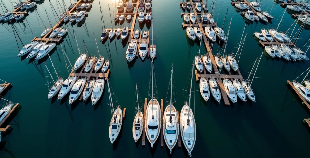 Vue aérienne d'un port de plaisance français montrant l'organisation des pontons et des bateaux amarrés