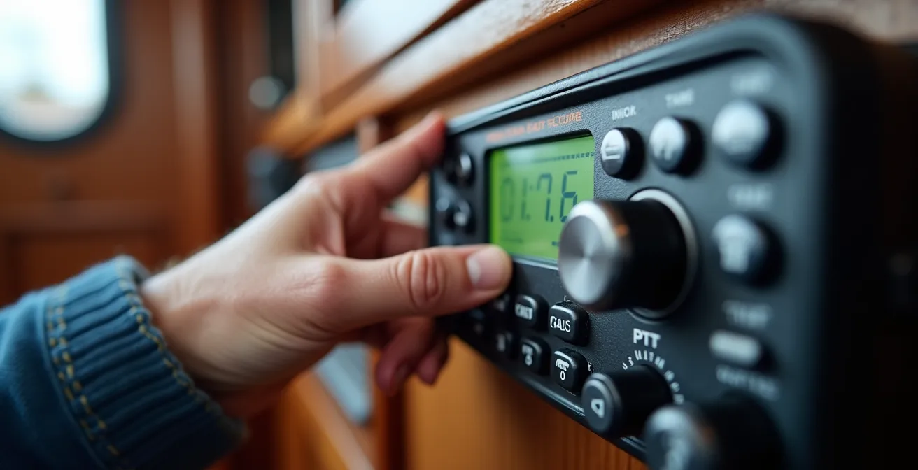 Main de plaisancier actionnant une radio VHF marine moderne dans une cabine de voilier