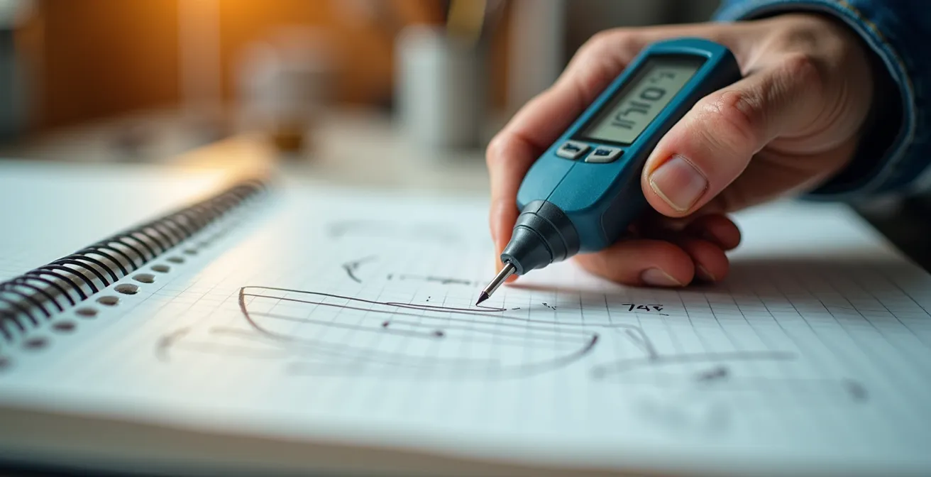 Main tenant un testeur d'humidité contre une coque de bateau avec carnet de notes