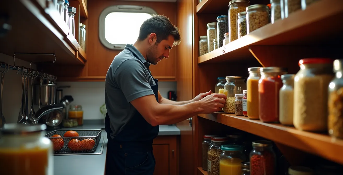 Intérieur d'une cambuse de voilier avec provisions organisées pour une longue traversée