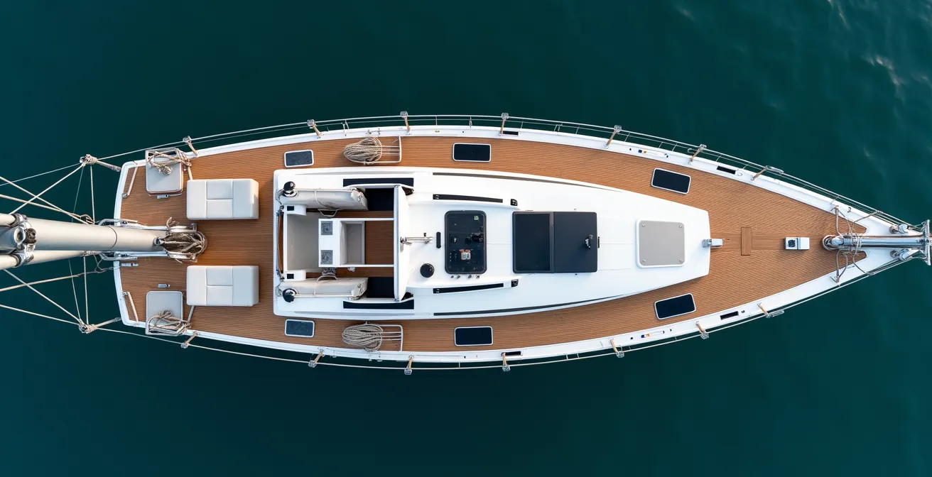 Vue aérienne d'un pont de voilier montrant les différents postes d'équipage clairement définis