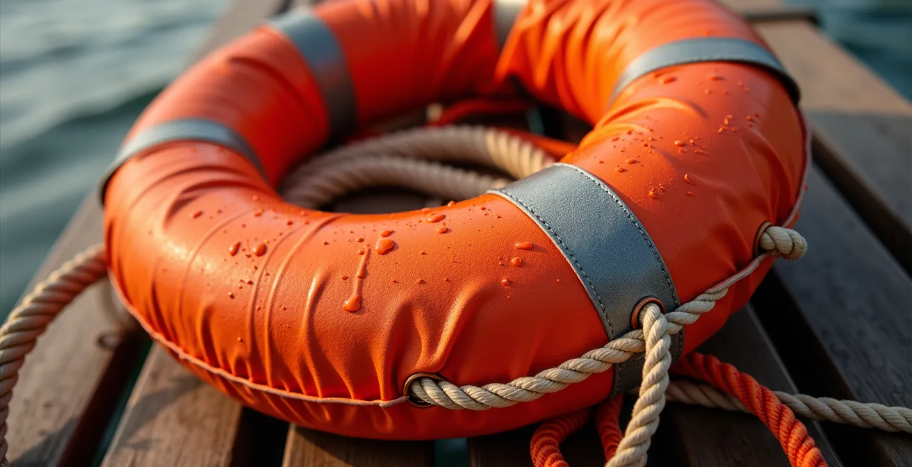 Équipement de sécurité pour le ski nautique disposé sur un ponton