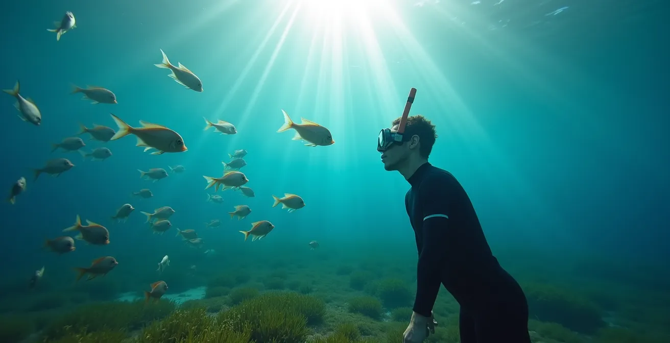 Plongeur en apnée observant un banc de saupes au-dessus d'herbiers de posidonie en Méditerranée
