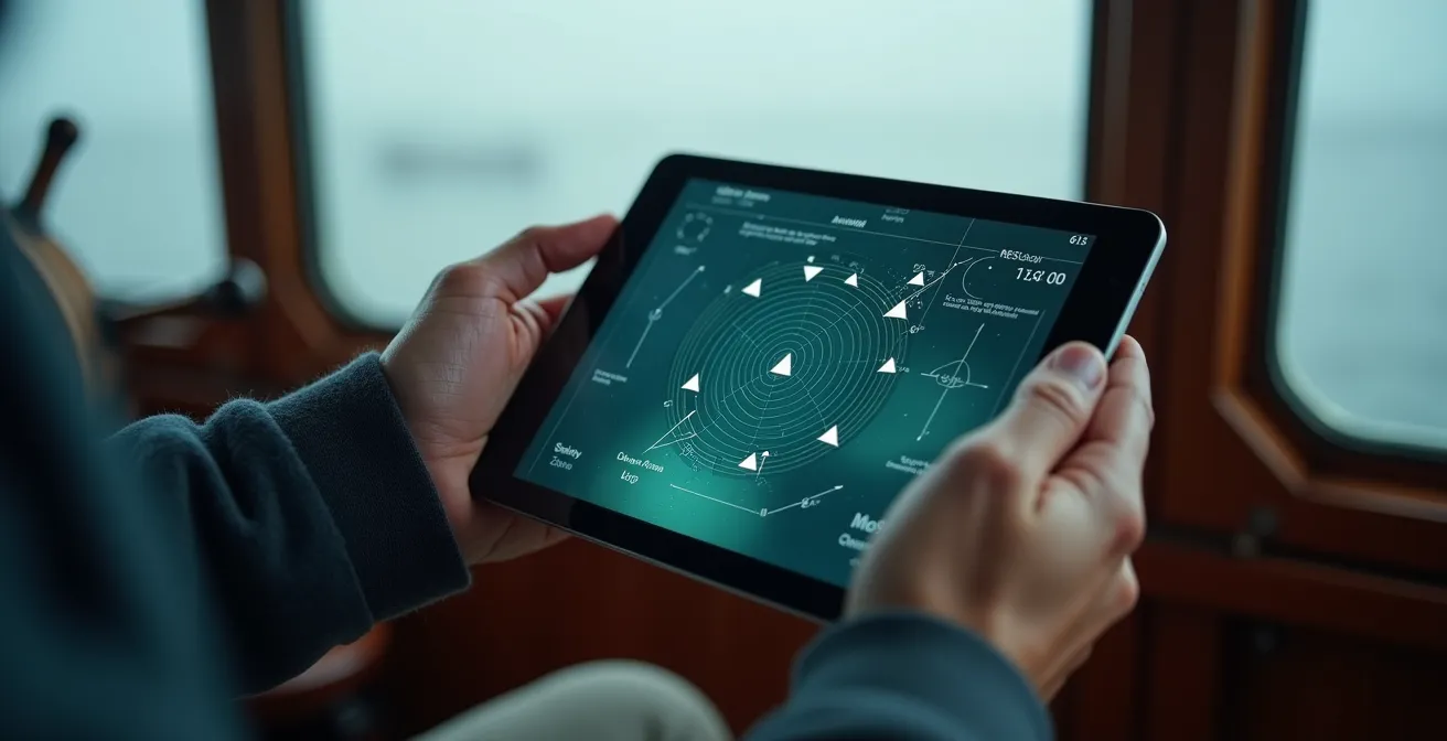 Écran de navigation montrant les signaux AIS de plusieurs navires dans une zone côtière brumeuse