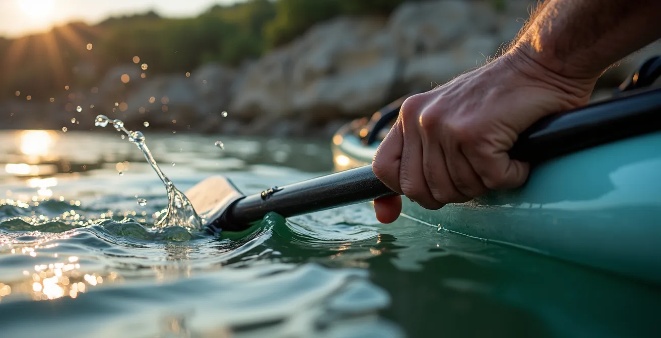 Gros plan sur les mains d'un kayakiste effectuant une technique de pagaie silencieuse près de rochers bretons