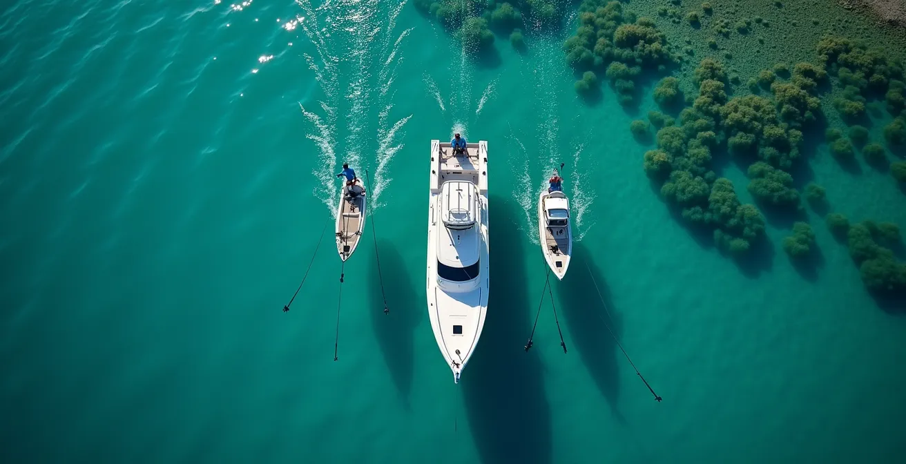 Trois pêcheurs pratiquant différentes techniques depuis un bateau en Méditerranée, vue aérienne montrant les lignes dans l'eau