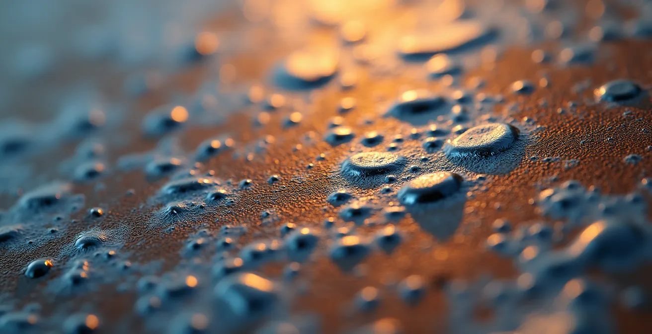 Gros plan macro sur une texture métallique marine avec des variations de température visibles