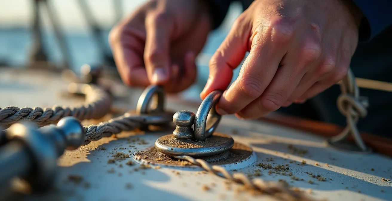 Gros plan sur les mains d'un marin inspectant le gréement d'un voilier